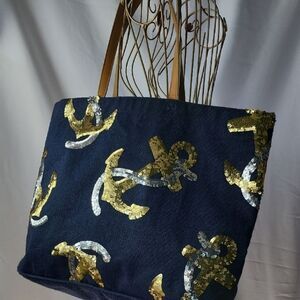 Extra Large Navy Blue Jute Tote Bag Nautical Gold & Silver Sequined Anchors